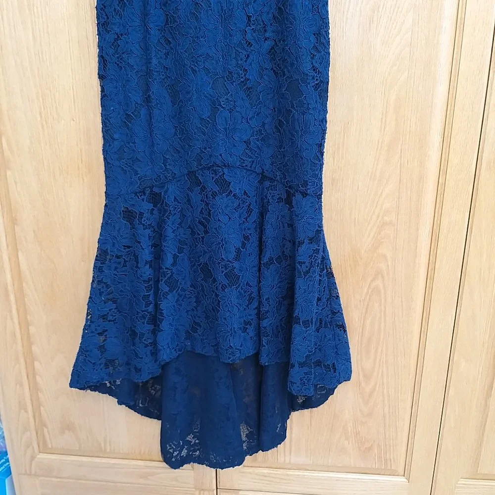 Xscape Womens Navy Lace Off-The-Shoulder Hi-Low Midi Dress Petites 2P Pre-owne - Picture 8 of 16